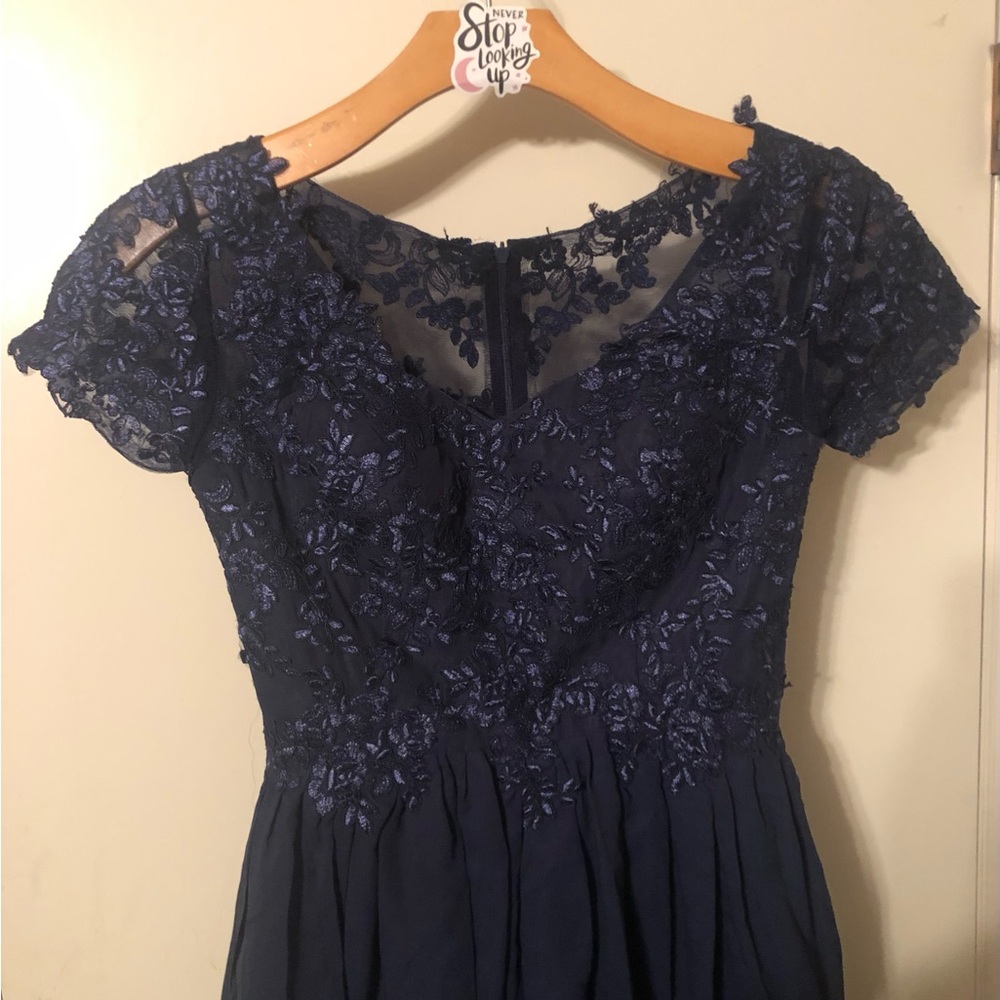 Navy Blue Lace Formal Gown, NWT,layered chiffon with glistening lace accents